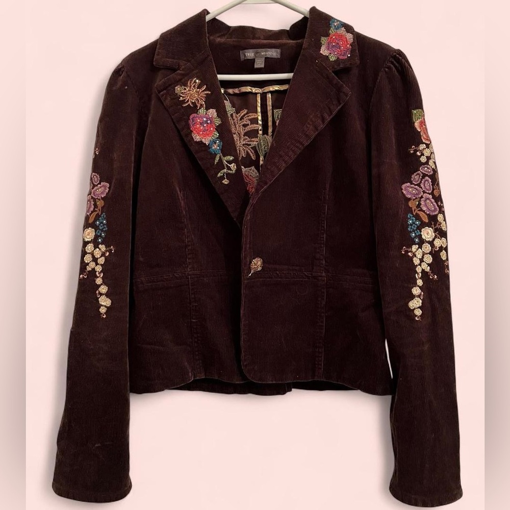 True Meaning Gorgeous Dark Brown Floral Embroidered Corduroy Blazer